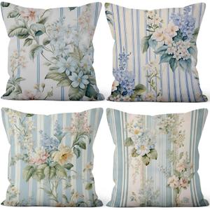 4 Pcs/Set Plants Pillow Covers Summer Flowers Green Leaves Vintage Geometric Lines Botanical Minimalist Linen Cushion Case for Outdoor Couch Sofa Bedroom Home Farmhouse Decor, 16"x16" (Floral 13)