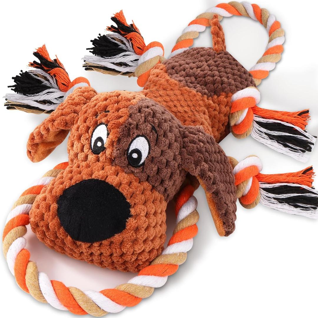 Plush Dog Toys with Rope, Squeaker & Crinkle Paper  Interactive Squeaky Chew Toy for Large Dogs & Puppies  Tough Pet Toy for Tug of War, Fetch & Dental Exercise (Brown2)