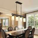 Farmhouse Dining Room Light Fixture, 4-Light Wood Kitchen Island Lighting for Dining Room Over Table, Black Adjustable Pendant Light with Milk Glass Shades, Linear Chandeliers Lighting for Kitchen