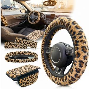 5 Pcs Fuzzy Animal Print Car Accessories Set, Soft Fluffy Plush Steering Wheel Cover, Center Console Armrest Pad & Rearview Mirror Cover - Interior Decorations for Women,Universal Fit (Leopard Print)