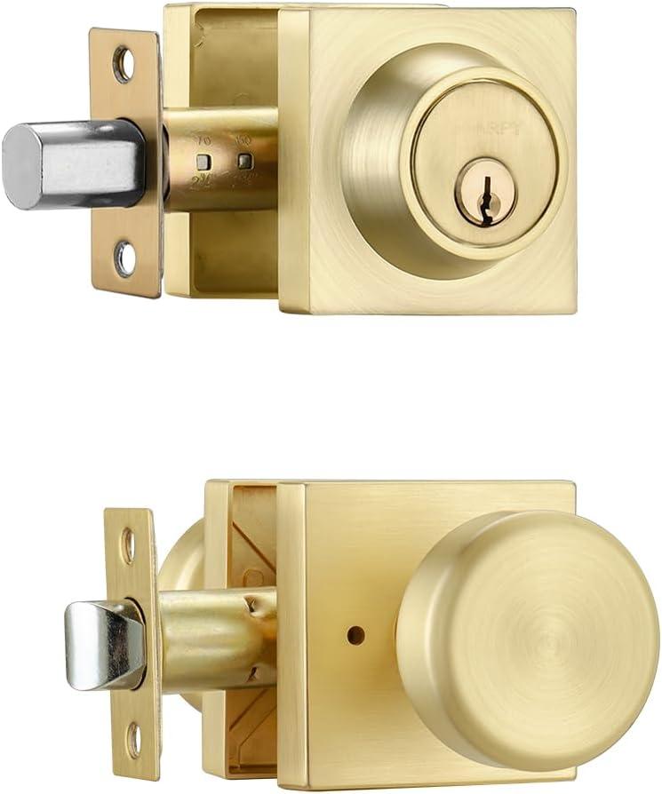 Satin Brass Door Knob with Lock, Exterior Door Lock Set with Deadbolt,Square Exterior Door Knobs