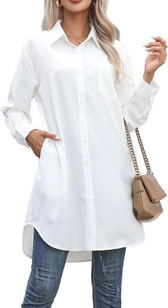 jinghuiyue Women's Casual Button Down Shirts Long Sleeve Oversize Blouse Loose Shirt Dress with Side Pockets (X-Large, White)