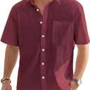 J.VER Men's Linen Short Sleeve Shirts Cotton Casual Lightweight Button Down Shirt Beach Vacation Summer Tops with Pocket (Medium, Burgundy)
