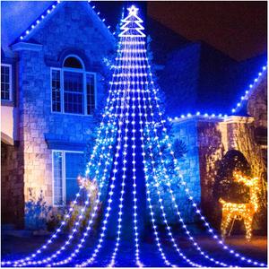 Outdoor Christmas Decorations Star String Lights 420 LED Waterproof Waterfall Lights with Christmas Tree Topper, 8 Lighting Modes Tree for Yard Patio Garden Party (Blue)