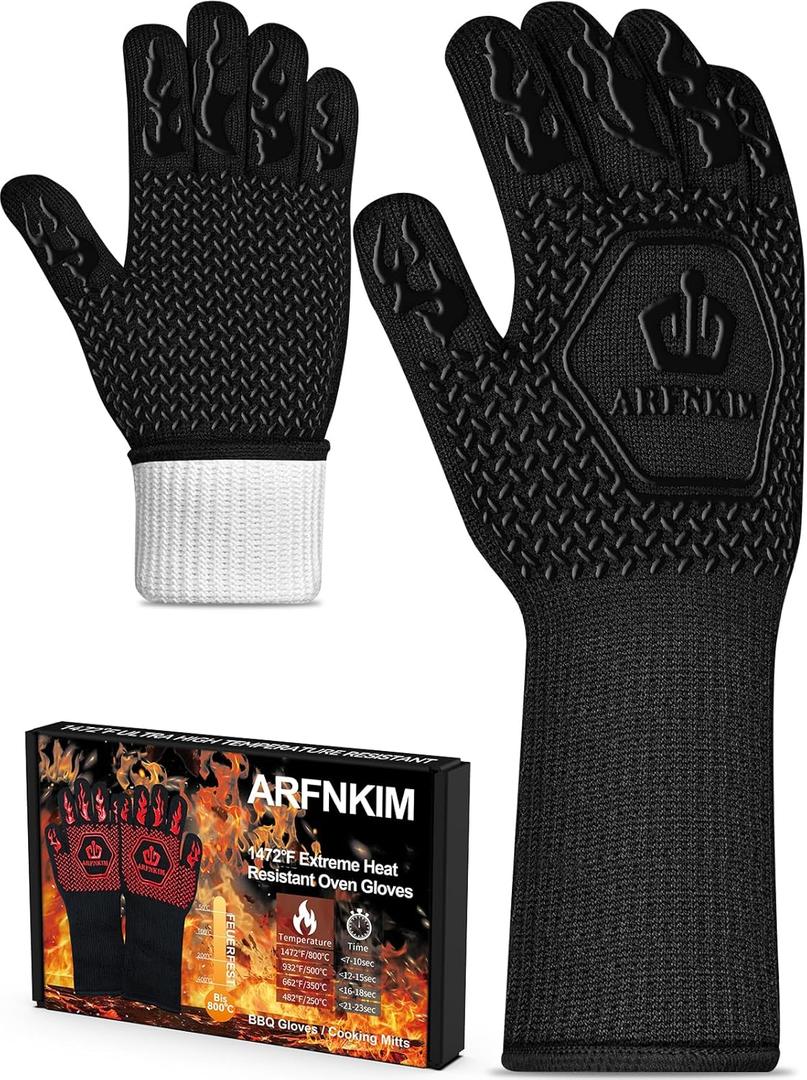 BBQ Oven Gloves 1472 Heat Resistant Oven Mitts Silicone Non-Slip Cooking Gloves for Barbecue, Grilling, Baking, Welding, Smoker (A Pair) (Black)