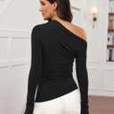 Meetrendi Women's Sexy Off Shoulder Tops Dressy Long Sleeve Asymmetrical Slim Fit Going Out Blouse Ruched Shirts 2026 (Black, M)