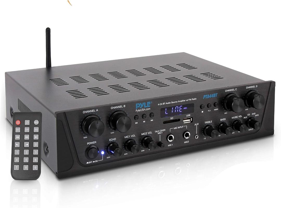 Pyle 500W Karaoke Wireless Bluetooth Amplifier - 4 Channel Stereo Audio Home Theater Speaker Sound Power Receiver w/AUX in, FM, RCA Subwoofer Speakers Out, USB, Microphone in w/Echo - Pyle PTA44BT.5