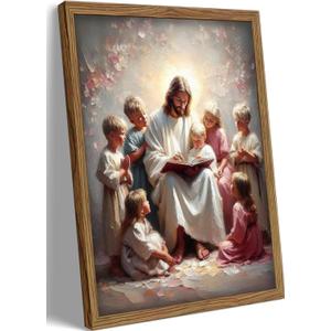 Jesus With Children Wall Art Jesus Teaching Kids print painting poster Christian Kids Room Canvas Wall Decor Picture for Living Room Bedroom Prayer Room Ready To Hang Wooden Framed