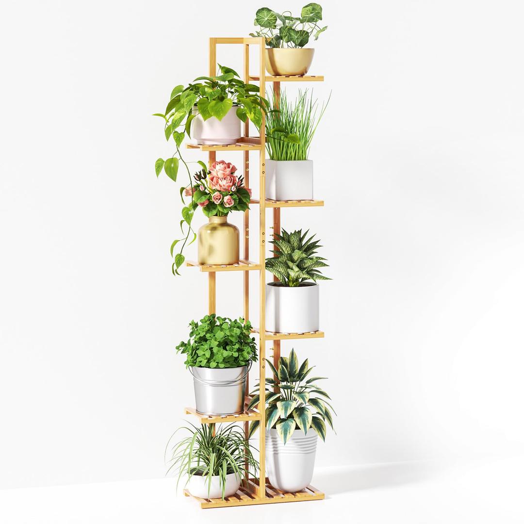 Solatmos Bamboo Plant Stand With Grow Lights Indoor Plants Outdoor Corner Plant Shelf Flower Stands for Living Room Patio Garden Corner Balcony (Wood, 8 Tier)