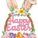 Easter Bunny Door Wreath, Wooden Spring Front Door Decor Sign - Unique Rabbit with Egg & Flower Hanging for Home Outdoor Wall, Happy Easter Gift for Family Neighbor 2 Pack