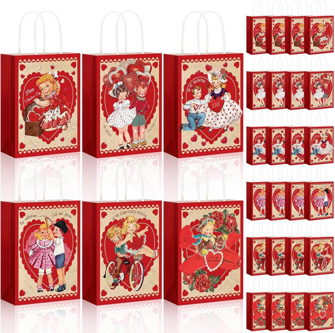 Trandraft 24 Pcs Vintage Valentine's Day Gift Bags with Handle Retro Valentines Love Heart Kraft Paper Goodie Bags for Valentines Treats Goody Holiday Party Supplies Favors (Characters)