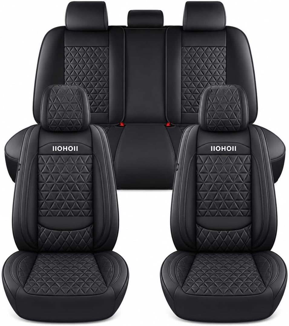 Leather Car Seat Covers Full Set, Waterproof Faux Leather Automotive Seat Covers for Cars, SUVs, Sedans, Vans and Trucks, Airbag Compatible Universal Fit Seat Protectors, Black