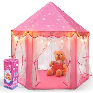 Princess Castle Play Tent Girls Tents Indoor Playhouses with Star Lights Girls Boys Toys for Indoor Outdoor Games Large Size Pink 55'' X 54'' (DxH) (PT-01)