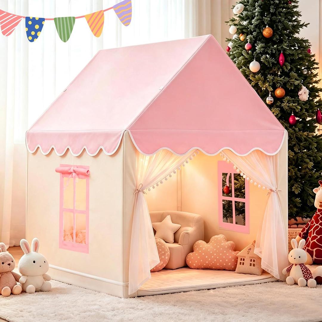 Kids Play Tent Indoor Playhouse, Princess Tent with Mat & Star Lights Pink, 47.2 x 40.9 x 51.2 inches