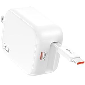 2-in-1 Retractable Wall Charger Plug with USB C Port and 27in/ 70cm Type C Cable, Travel Essentials 30W Fast Charging Foldable Block for iPhone 16/ 15/ , iPad, Galaxy, Pixel-White