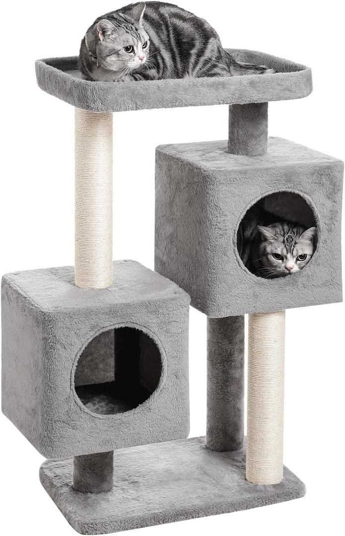 Cat Tree with 2 Cat Condos and Plush Perch,Cat Tower with Sisal Scratching Post,Pom poms Hanging Balls, Cat Climbing for Cats Indoor