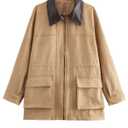 CUFEZN Women's Barn Jacket Faux Suede Leather Jackets Oversized Casual Adjustable Waist Coat with Pockets Khaki Large