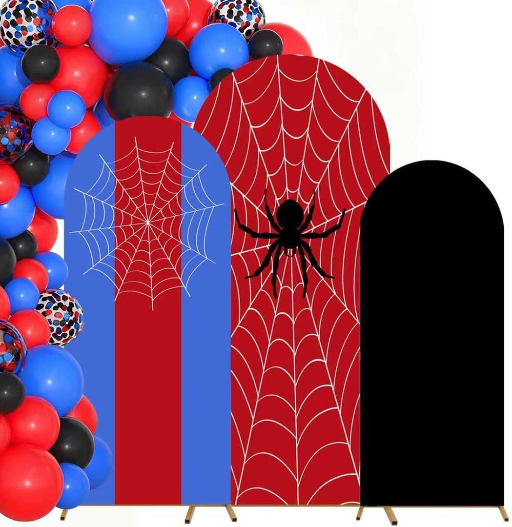 3 Pcs Spider Arch Backdrop Cover 4ft 5ft 6ft Red Blue Black Arch Backdrop Cover Double-Sided Spider Birthday Party Decorations for Photo Props Cosplay Wedding Baby Shower Decoration