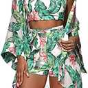 KEYUFANG Women 3 Piece Vocation Outfits Summer Suit Floral Kimono Cardigans Beach Cover Up Crop Cami Top Short Set L