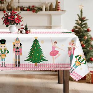 Christmas Nutcracker Tree Tablecloth Waterproof,Pink Table Cloth Rectangle Stain Resistant, Washable Table Cover for Home Kitchen Dining Party Decoration (60×120 Inch)