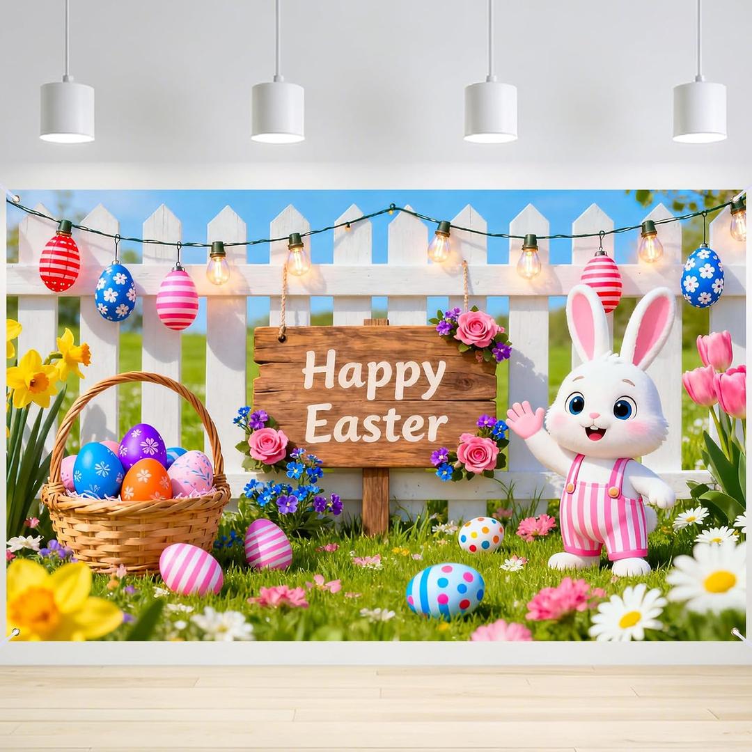 Nuxovilar Easter Bunny Banner Polyester Egg Backdrop Party Decor 43x70