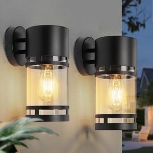 Porch Light Outdoor, Matte Black Exterior Front Porch Light with E26 Socket, Outdoor Wall Light,Exterior Wall Light, Doorway, Garage,2-Pack(Bulbs Not Included)