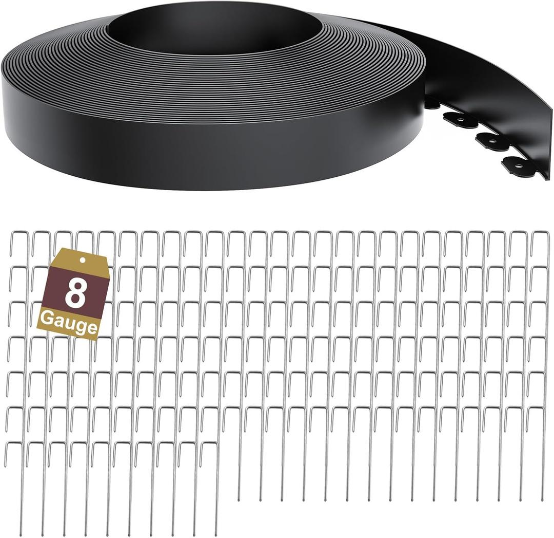 Landscape Edging Border 3 Inch Tall 150Ft with 160Pcs 8 Gauge Metal Spikes, Plastic Garden Edging Border Garden Fence Border Lawn Edging for Landscaping, Flower Bed, Tree Ring, Pathway