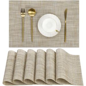 SHACOS Placemats Set of 6 Woven Vinyl Place Mats Wipeable Heat Resistant Stain Resistant Table Mats Indoor Outdoor, Beige