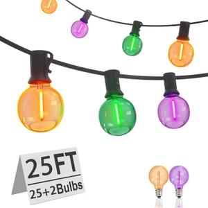 Halloween Lights Tricolor, 25Ft G40 Halloween String Lights with 27 0.6w LED Colorful Bulbs for Outdoor Ghost Party,Patio,House,Indoor Decor, Black Wire