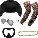 sanderala Ibiza Final Boss Costume Rave Accessory Set Black Bowl Cut Wig, Goatee, Gold Chain, Fake Tattoo Sleeves & Shades Funny Fancy Dress Costume Kit for Halloween