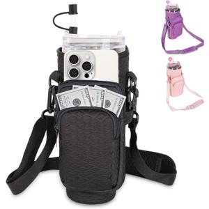 &And Per Se Water Bottle Shoulder Bag with Phone Pocket, Compatible with Stanley 30oz Tumblers - Neoprene Carrier with Adjustable Strap & Charm Accessory (Black)