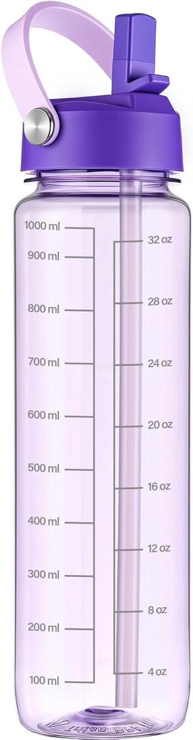 GOPPUS 32oz Clear Water Bottle with Flip Straw, Lightweight, Leakproof, Easy Carry and BPA-Free, Tritan Water Bottlefor Sport, Travel, Outside (Bright Purple)