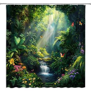 Enchanted Forest Waterfall Shower Curtain Tropical Green Nature Tree Colorful Floral Butterfly Fairytale Wonderland Jungle Rainforest Natural Scenery Bathroom Decor Curtain with Hooks,70Wx70L