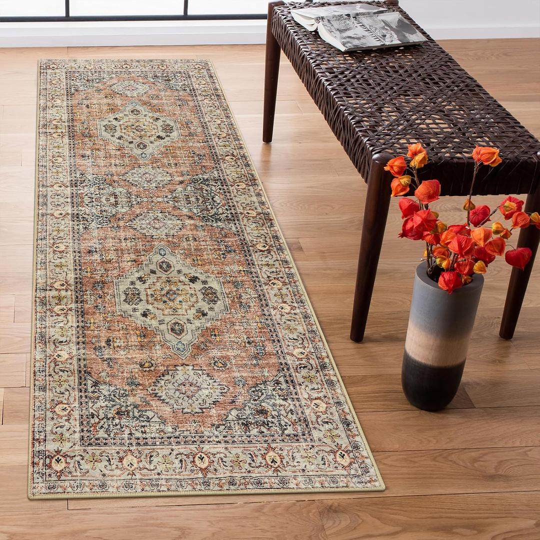 Lahome Oriental Washable Runner Rug, 2x6 Runner Rugs for Hallway Kitchen, Ultra-Thin Distressed Vintage Soft Long Carpet for Bathroom Bedroom Laundry Room Eleanor, Peach/Orange (Terracotta)