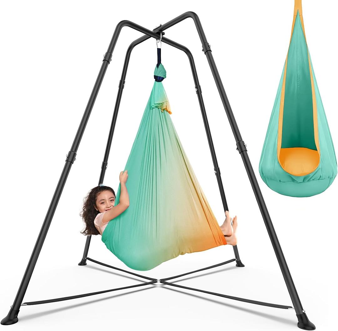 Swing Stand with Sensory Swing & Pod Swing, X-Shaped Swing Set | Heavy Duty Metal Frame, Autism Swing Chiar with Stand for kids Adults, 330LBS, Indoor and Outdoor(Mint Green Gradient)