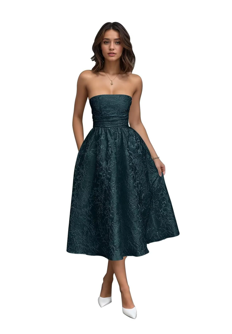 SoDigne Strapless Floral Jacquard Satin 2025 Midi Prom Dresses Tea Length A Line Evening Party Gown, Size 10