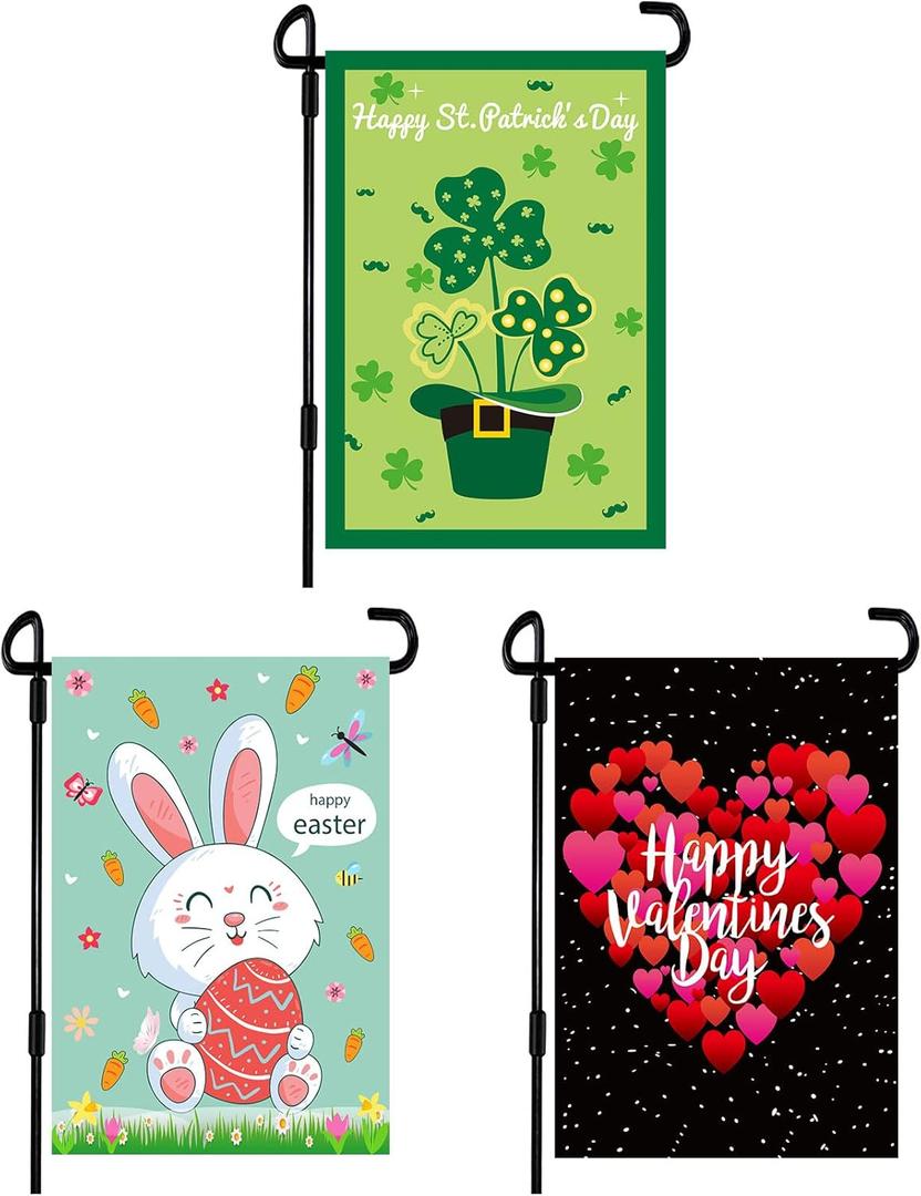 2 x 3 Pack Valentine's Day & St. Patrick's Day Burlap House Flags - Double Sided, 12x18 Inch, Easter Garden Flags