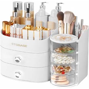 XIAPIA Makeup Organizer Countertop, Make Up Organizer for Vanity, Skincare & Cosmetic Organizers with Drawers, Bathroom Organizers Storage for Brush Holder|Lipstick|Jewelry, Ideal Gift for Women WHITE