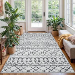 KUTA Bedroom Boho Rug 4x6 Grey, Moroccan Washable Area Rugs Non Slip, Ultra Soft Print Distressed Geometric Low-Pile Entry Throw Carpet for Bedroom Nursery Dorm Kitchen Decor