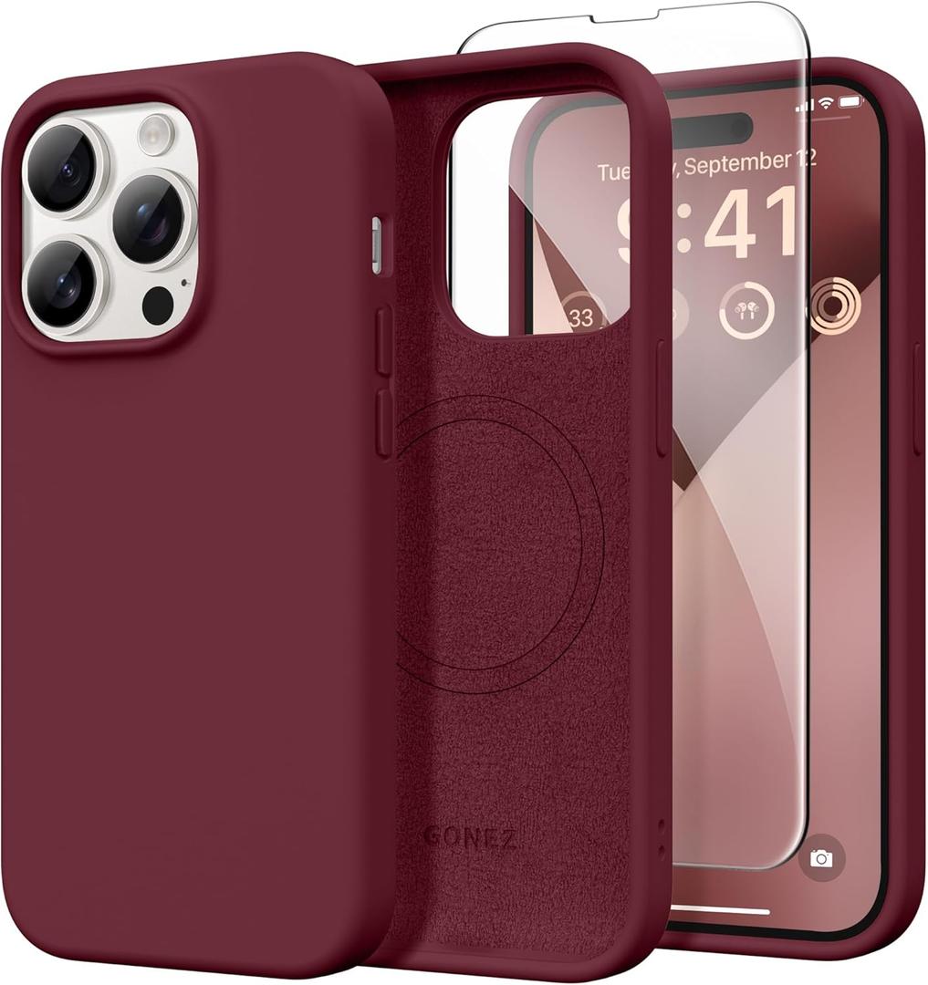 GONEZ Magnetic for iPhone 14 Pro Max Case, [Compatible with MagSafe] Anti-Scratch Microfiber Lining & Screen Protector, Shockproof Slim Phone Silicone Cover 6.7 inch, Maroon