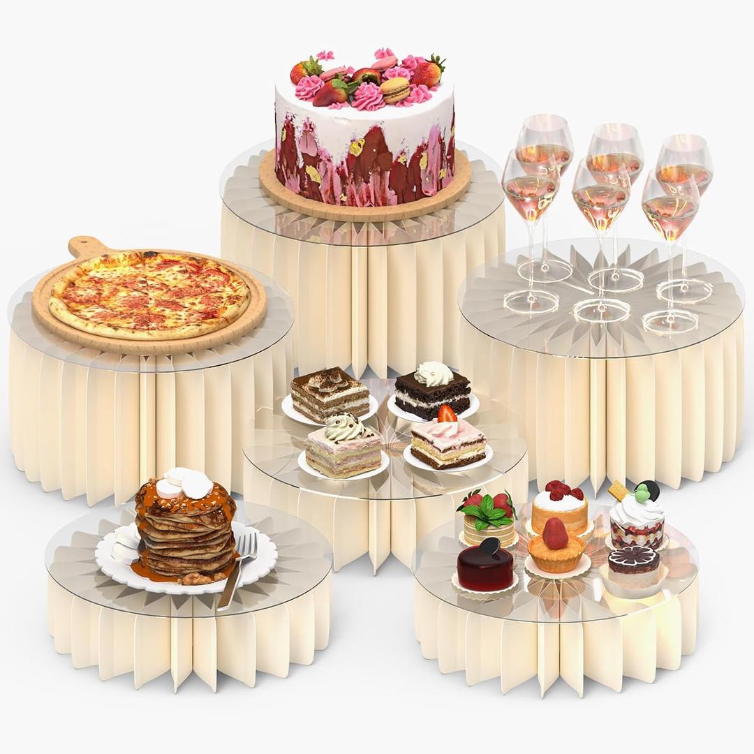 6 PCS Buffet Risers, Foldable Food Risers for Buffet Table, Display Stands for Party, White Cake Cupcake Stands for Food Display, Catering Supplies (7.8" Hx3, 4" Hx3)