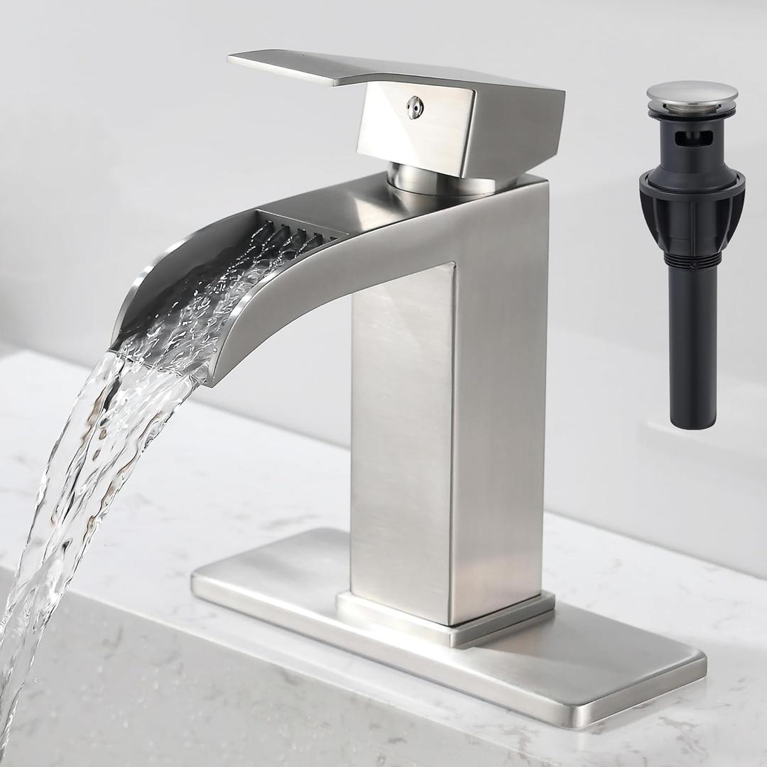 Brushed Nickel Waterfall Bathroom Faucet - Single Handle Sink Faucets Bathroom 1 Hole or 3 Hole for 4In | Modern Solid Brass Vanity Faucet with Deck Plate & Overflow Pop Up Drain