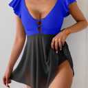 Women's One Piece Ruffle Swimsuit Sexy Mesh One Piece Swim Dress Tummy Control V Neck Swimwear (Royal Blue and Black)