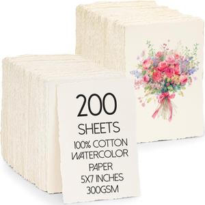 Oleitodh 200 Sheets Cotton Watercolor Paper 5 x 7inch, 140lb/300 GSM Handmade Paper Deckled Edge Watercolor Cardstock Textured Paper for Watercolors, Wedding Invitations, Cards, Crafts