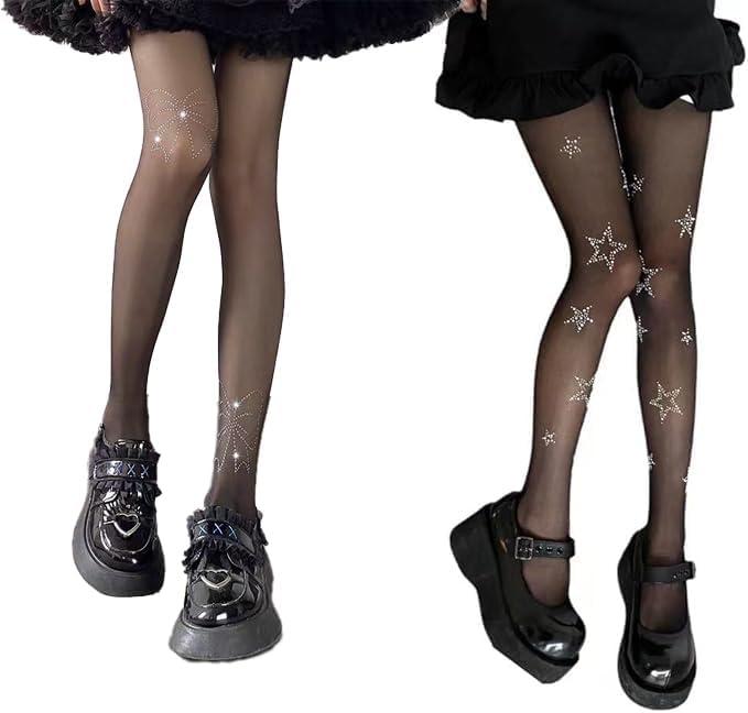 3 x Y2k Star Rhinestone Butterfly Print Pantyhose for Women Tights Thigh High Stockings Tights (Black)