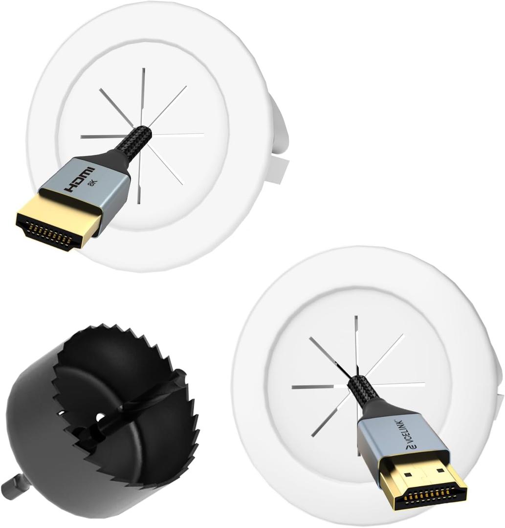 VCELINK in-Wall Cable Management Kit, Wall Cord Hider for TV/Coaxial/HDMI/Speaker Cords, Includes 2 Pass Throughs, Locking Brackets and Hole Saw Drill Attachment (Rubber-Small Size, White)