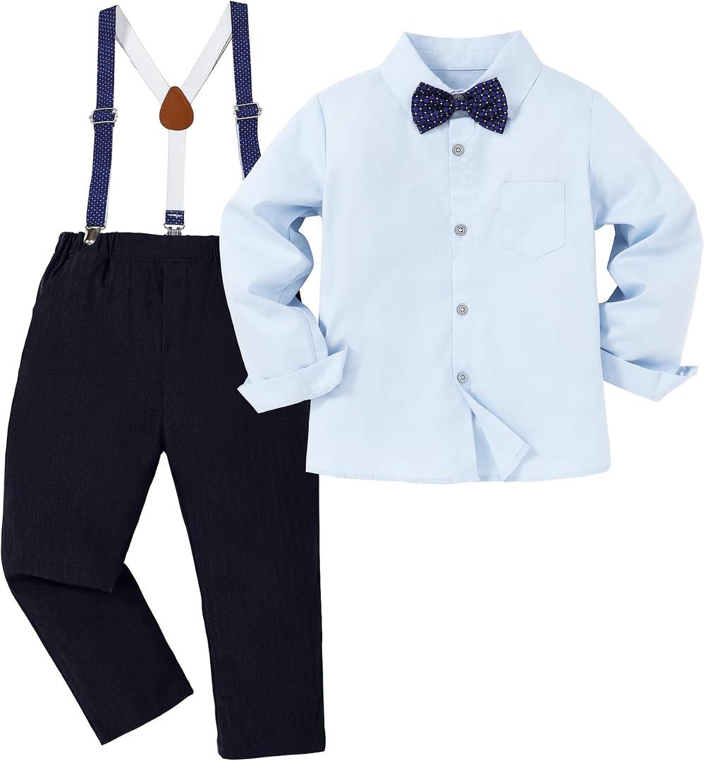 DISAUR Boy Formal Suits Wedding Outfit Long Sleeve Button Down Dress Shirt Bow Tie Suspender Pants Gentleman for 8-9 Years (Blue, S)