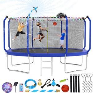 Upgraded 12FT Trampoline for Kids and Adults, Large Outdoor Trampoline with Basketball, Stakes, Light, Sprinkler, Basketball Hoop and Net, Capacity for 4-6 Kids and Adults
