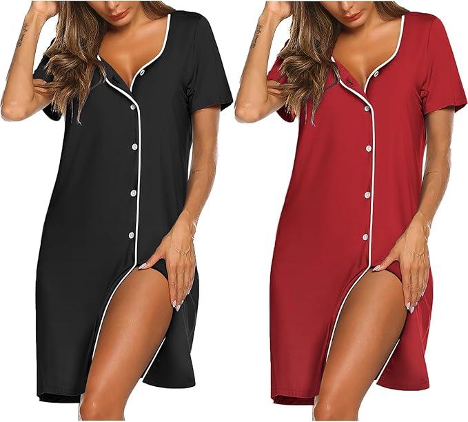 Ekouaer 2 Pack Women's Nightgown Button Down Sleepshirts Short Sleeve Nightshirts for Women Sleepwear V Neck Sleep Dress Black & Wine Red & Star L