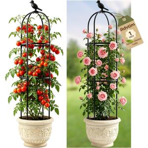 1pcs Garden Obelisk Trellis for Climbing Plants Outdoor, Tomato Cages for Garden, Metal Rustproof Plant Support Trellis for Potted Plants, Rose, Vine, Vegetable for Outdoor & Indoor Use (Black)